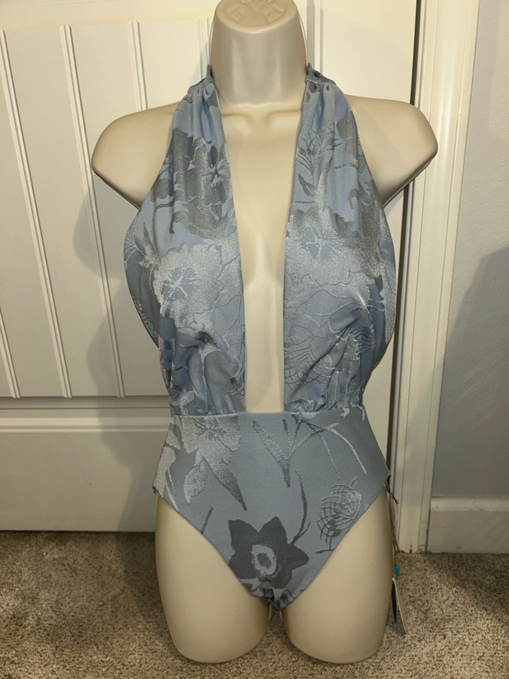 NWT Wet Plunging Halter One-Piece Swimsuit in Light Blue Sz XS